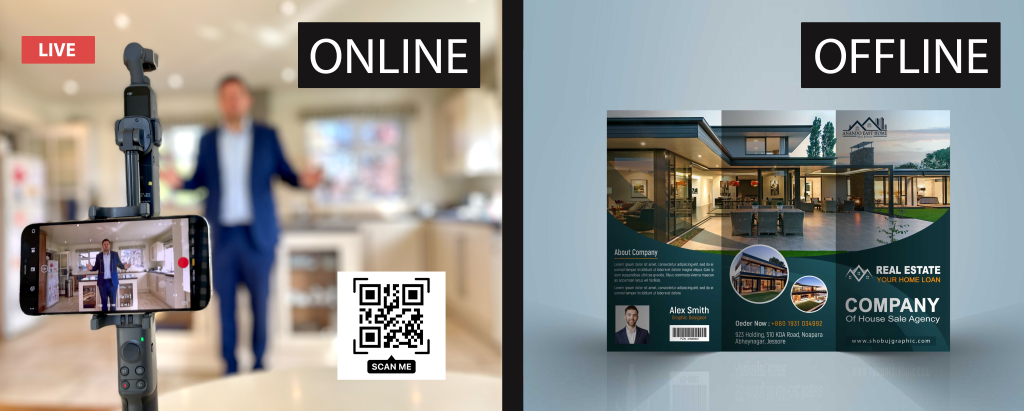 An image showcasing online real estate marketing vs offline real estate marketing.