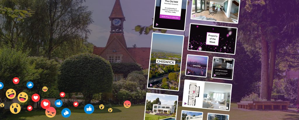 An image of real estate videos with likes and emojis highlighting how video content dominates social algorithms and real estate social media posts.