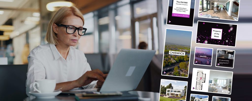 A female real estate agent at desk on computer working on real estate video content marketing strategy using real estate social media templates.
